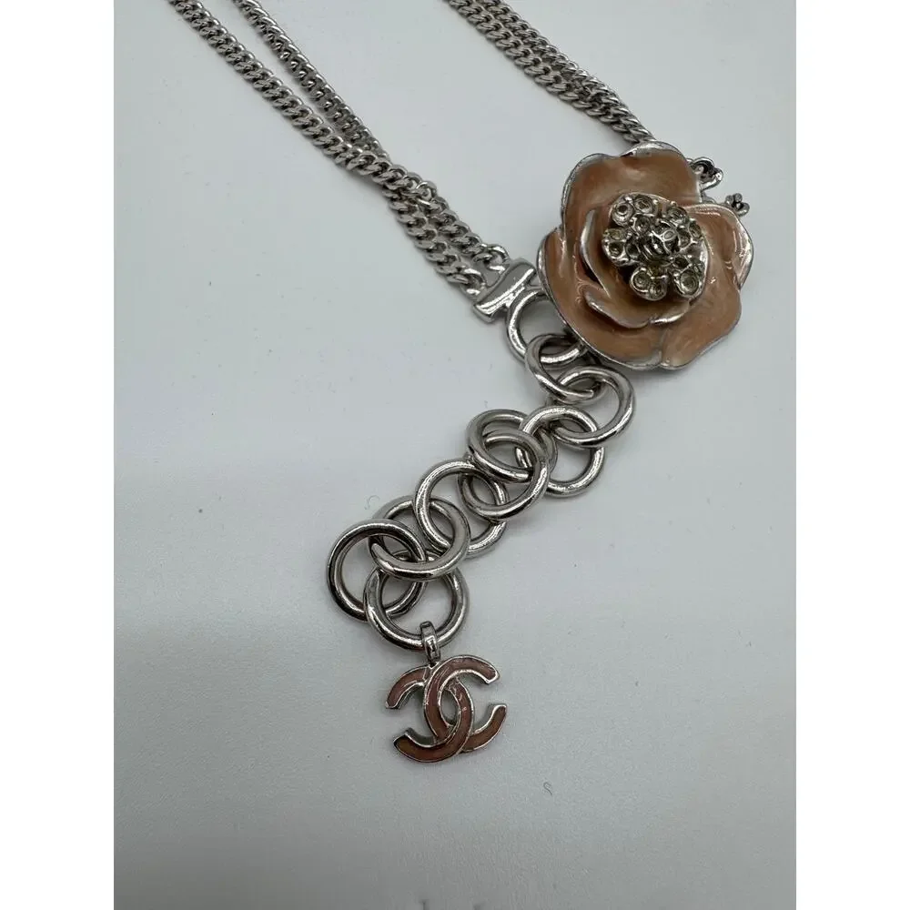 Chanel 04P Camellia CC Charm Silver Tone Chain Belt Pink Enamel Vintage